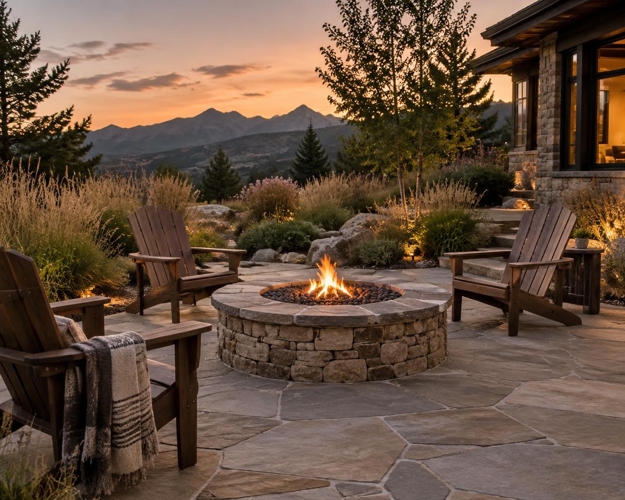 Flagstone patio with a stone fire pit and mountain views at dusk