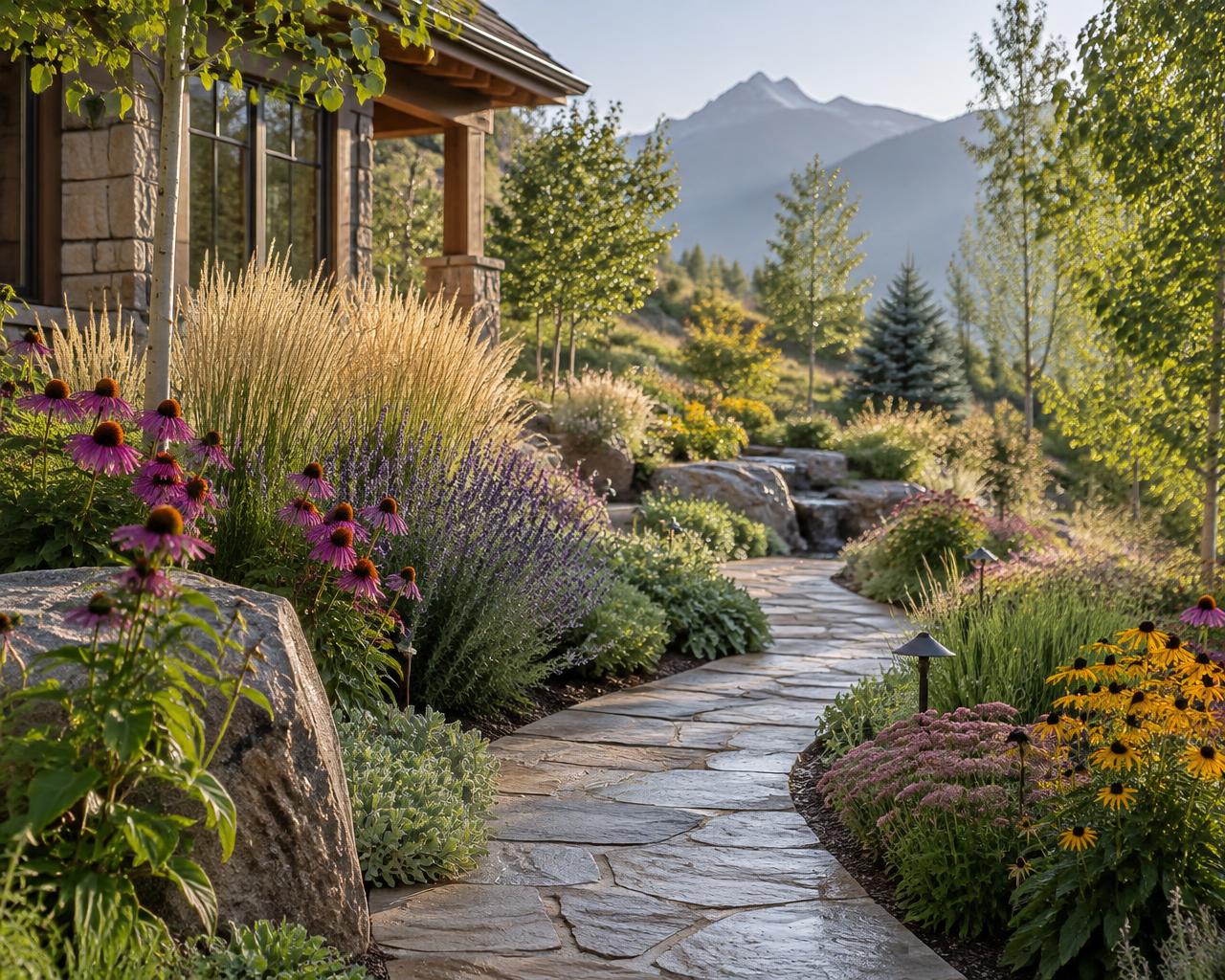 Curving stone path through layered perennial plantings