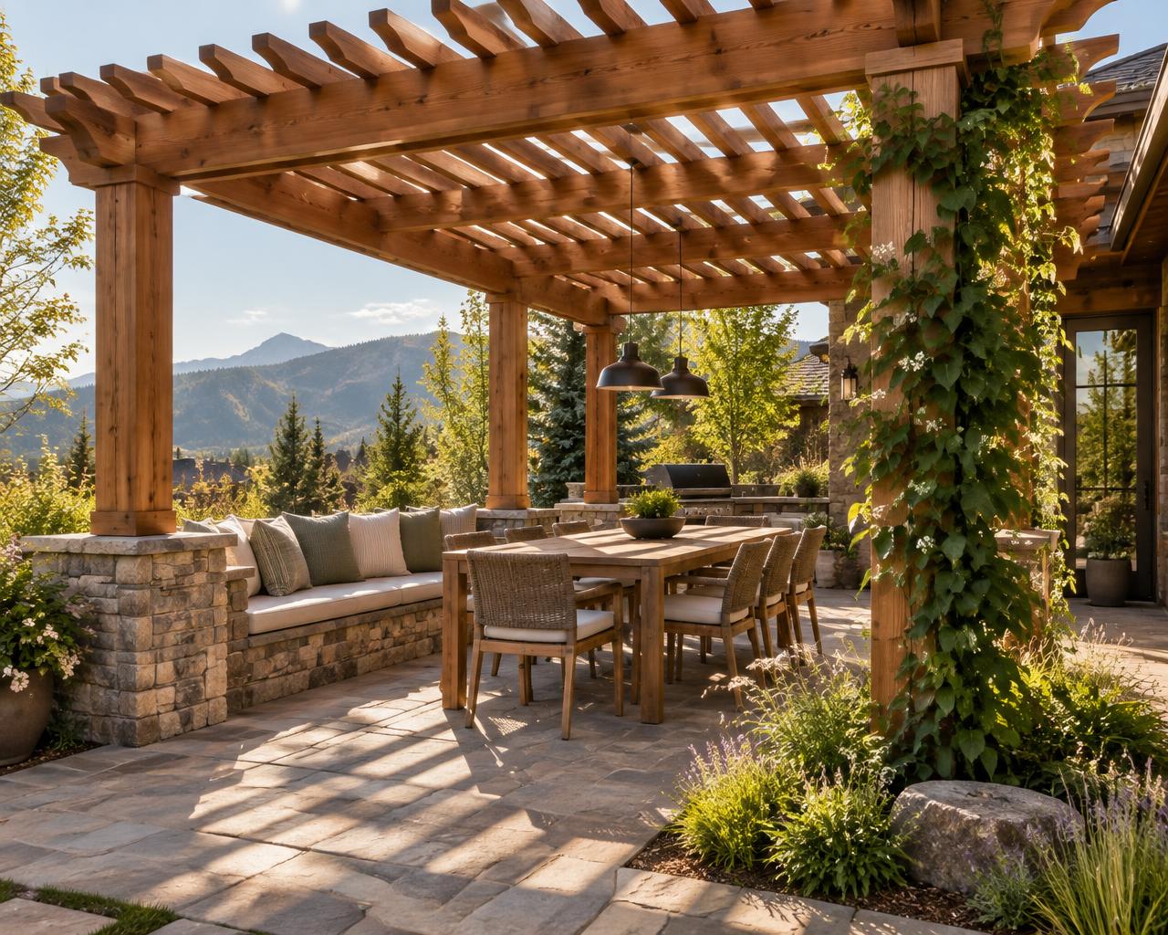Cedar pergola over an outdoor dining room with stone bench seating