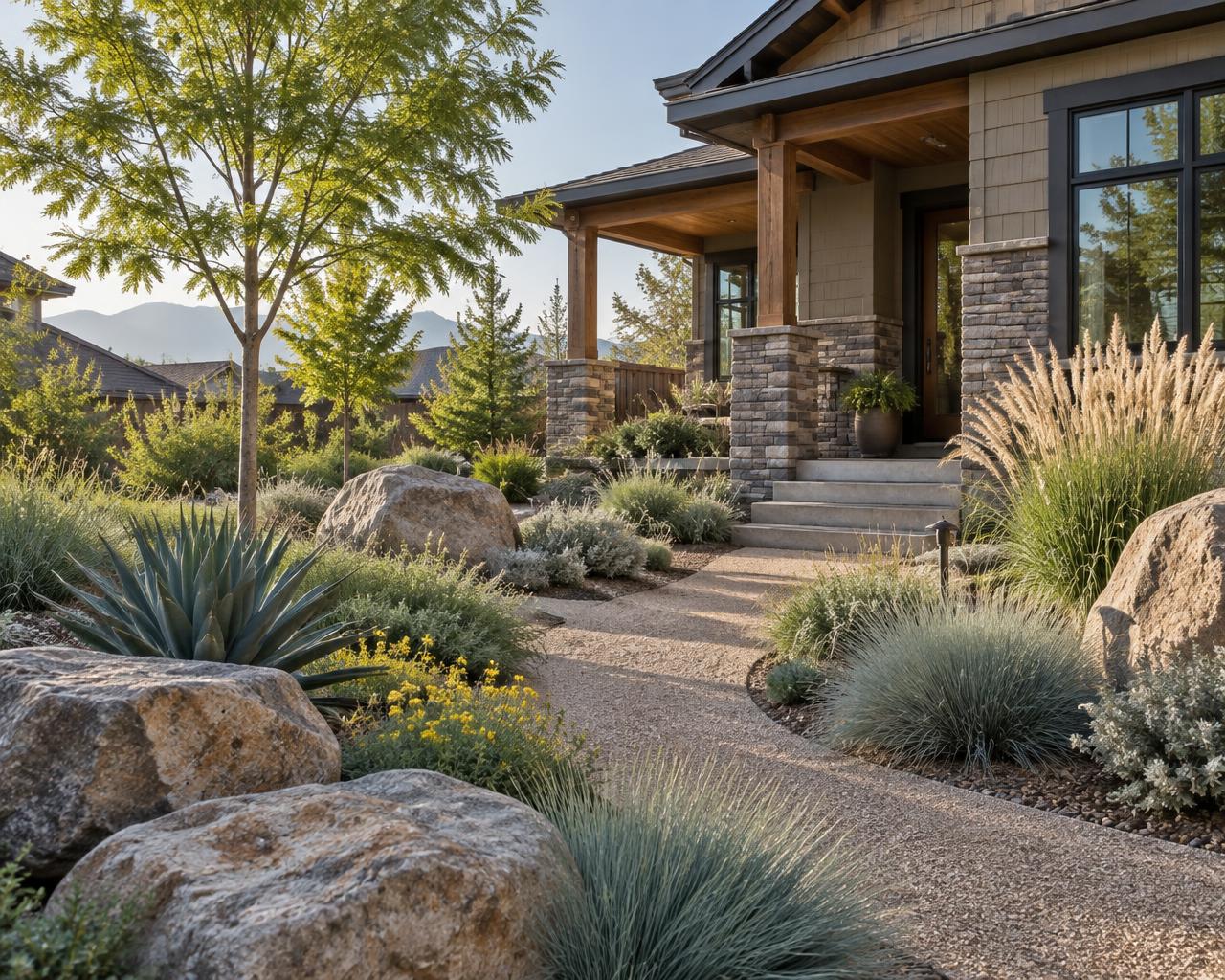 Water-wise front garden with boulders, gravel paths, and native grasses